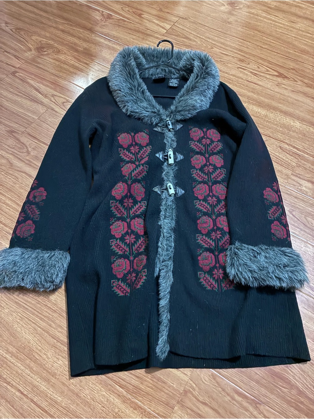 Black Floral Embroidered Toggle Coat with Gray Faux Fur Trim